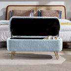 Blue Storage Ottoman Bench - Pleated Design - Gold Metal Legs