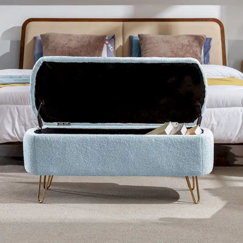 Blue Storage Ottoman Bench - Pleated Design - Gold Metal Legs
