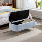 Blue Storage Ottoman Bench - Pleated Design - Gold Metal Legs