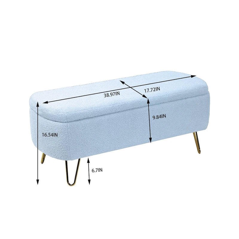 Blue Storage Ottoman Bench - Pleated Design - Gold Metal Legs