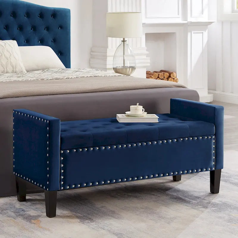 Cream Velvet Tufted Storage Bench with Armrests