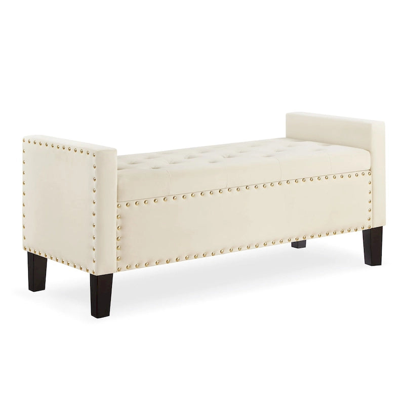 Cream Velvet Tufted Storage Bench with Armrests