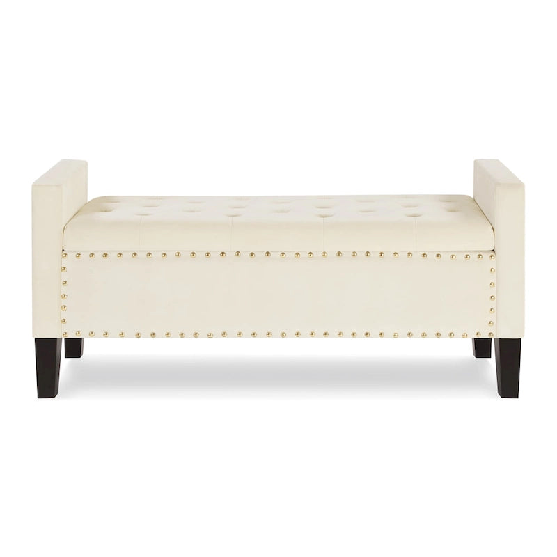 Cream Velvet Tufted Storage Bench with Armrests