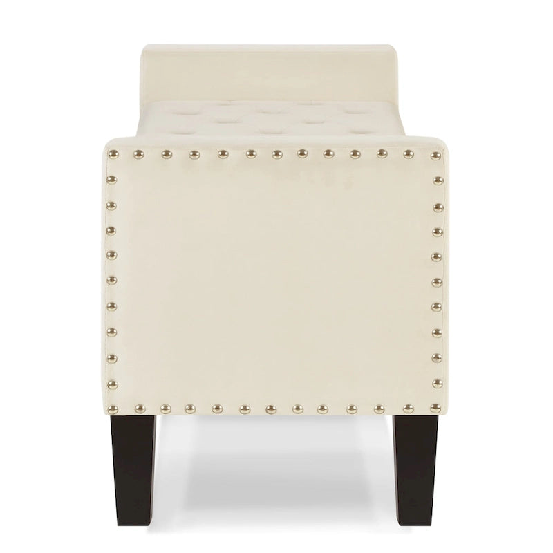 Cream Velvet Tufted Storage Bench with Armrests