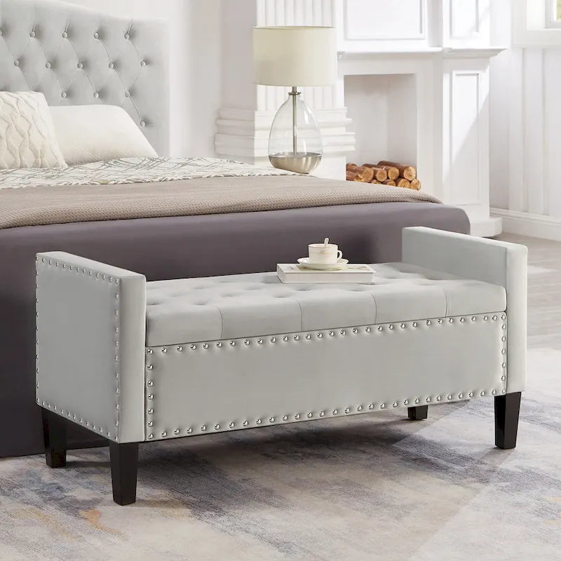 Cream Velvet Tufted Storage Bench with Armrests