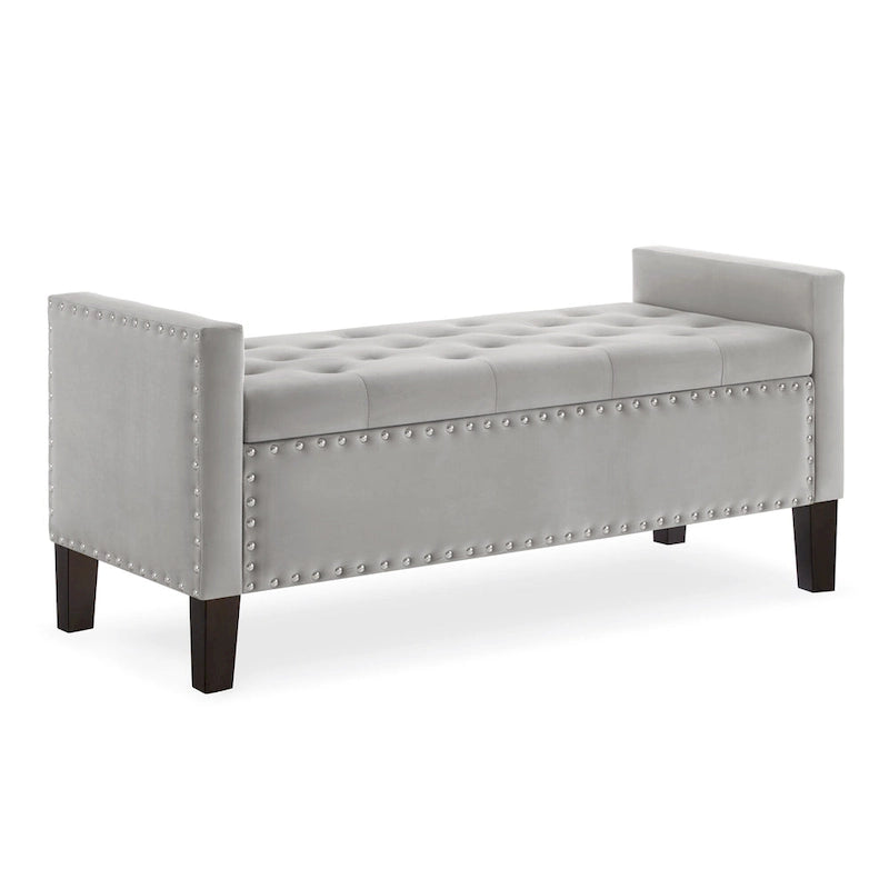 Cream Velvet Tufted Storage Bench with Armrests