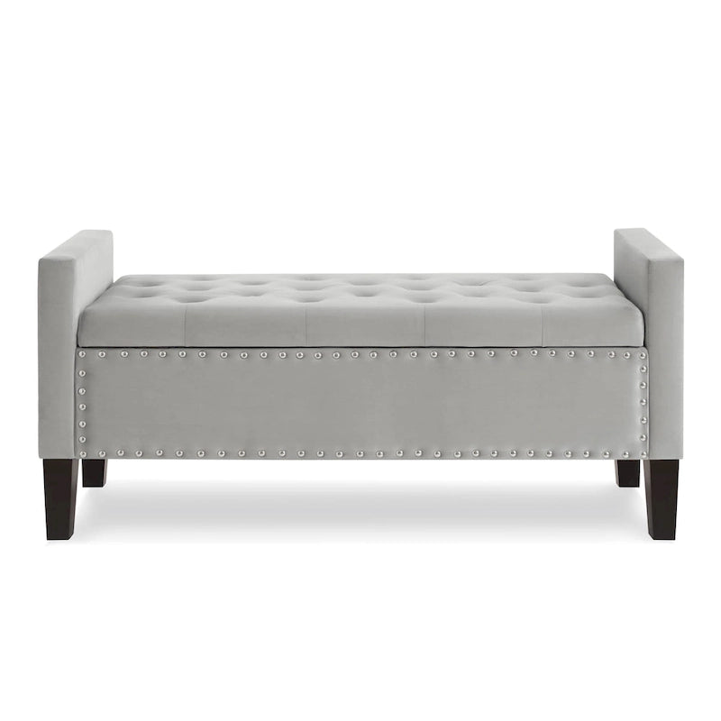 Cream Velvet Tufted Storage Bench with Armrests