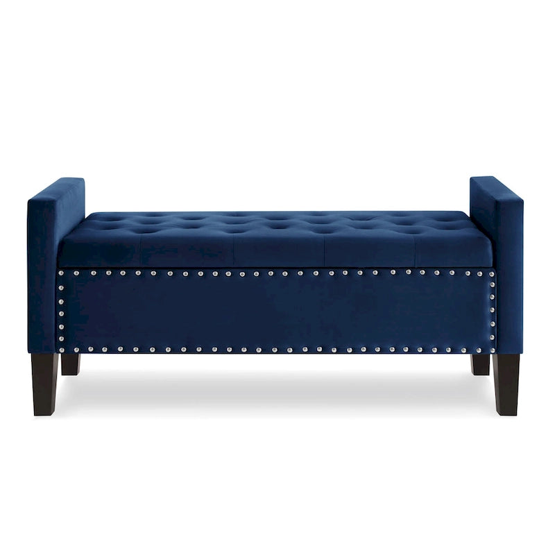 Cream Velvet Tufted Storage Bench with Armrests
