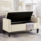 Cream Velvet Tufted Storage Bench with Armrests