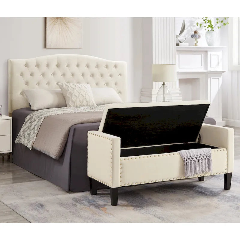 Cream Velvet Tufted Storage Bench with Armrests