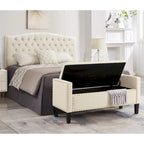 Cream Velvet Tufted Storage Bench with Armrests