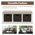 Rustic Storage Bench with 3 Rattan Baskets and Cushion