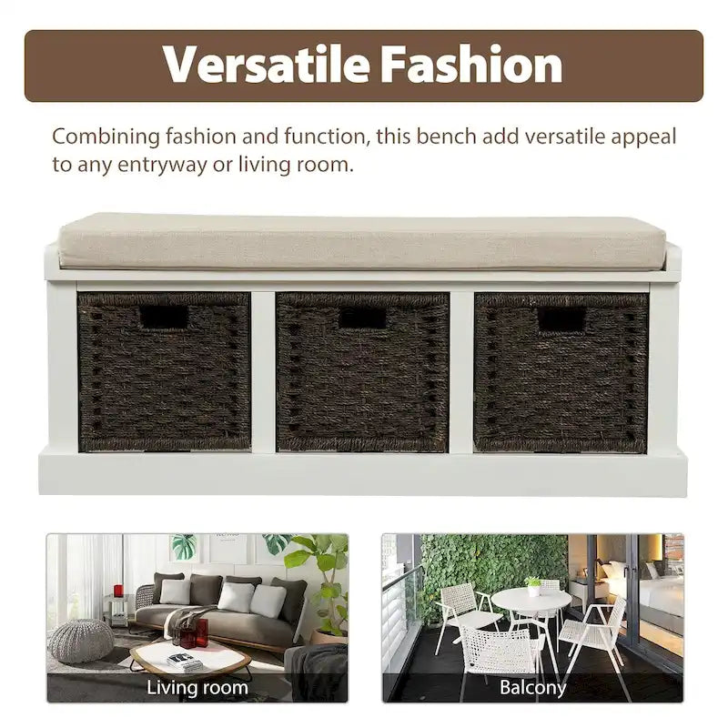 Rustic Storage Bench with 3 Rattan Baskets and Cushion