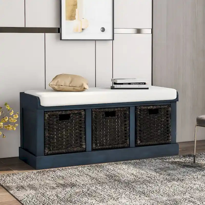 Rustic Storage Bench with 3 Rattan Baskets and Cushion