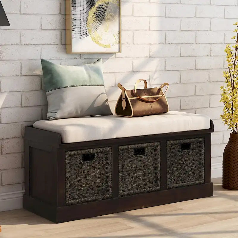 Rustic Storage Bench with 3 Rattan Baskets and Cushion