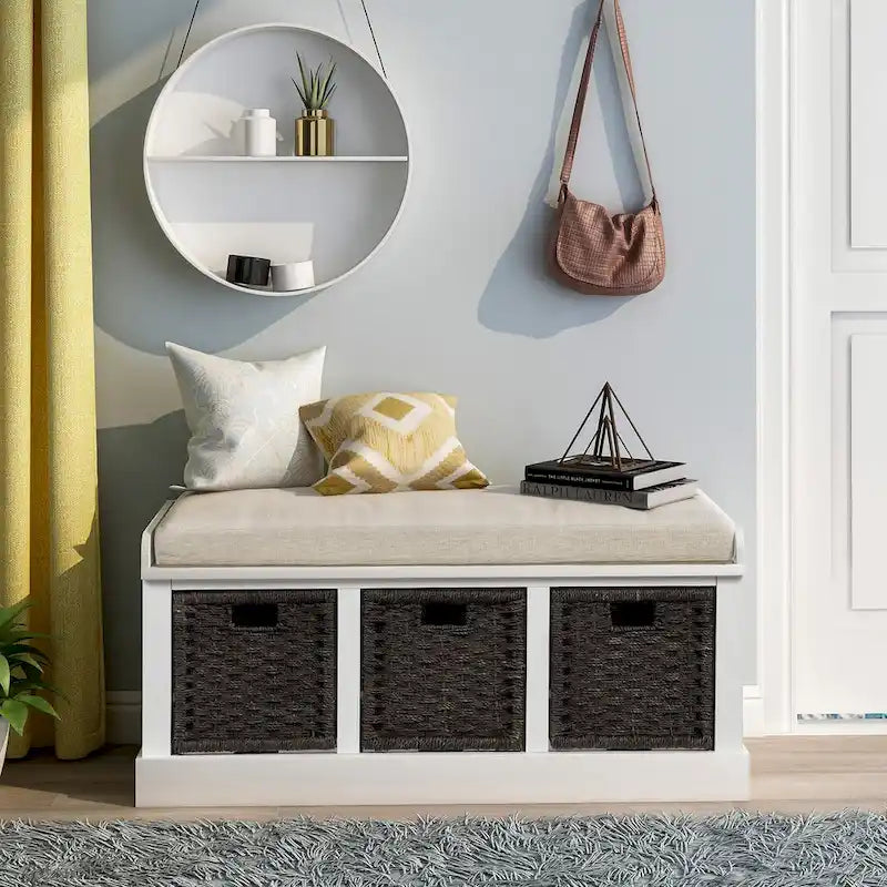 Rustic Storage Bench with 3 Rattan Baskets and Cushion