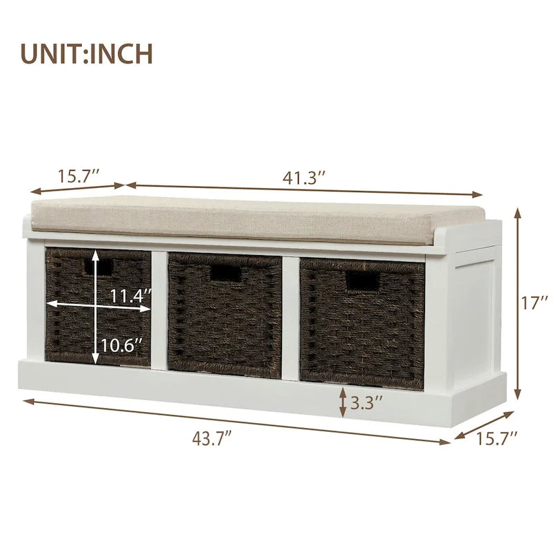 Rustic Storage Bench with 3 Rattan Baskets and Cushion