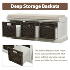 Rustic Storage Bench with 3 Rattan Baskets and Cushion