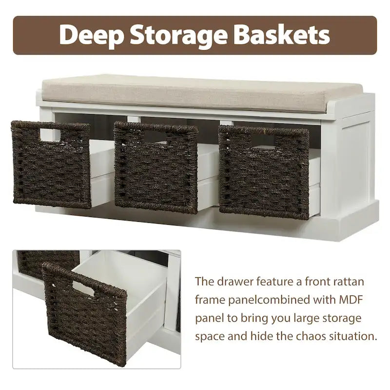 Rustic Storage Bench with 3 Rattan Baskets and Cushion