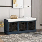 Rustic Storage Bench with 3 Rattan Baskets and Cushion
