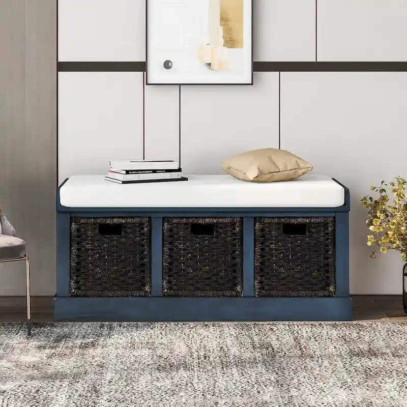 Rustic Storage Bench with 3 Rattan Baskets and Cushion