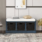 Rustic Storage Bench with 3 Rattan Baskets and Cushion