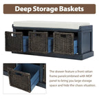 Rustic Storage Bench with 3 Rattan Baskets and Cushion