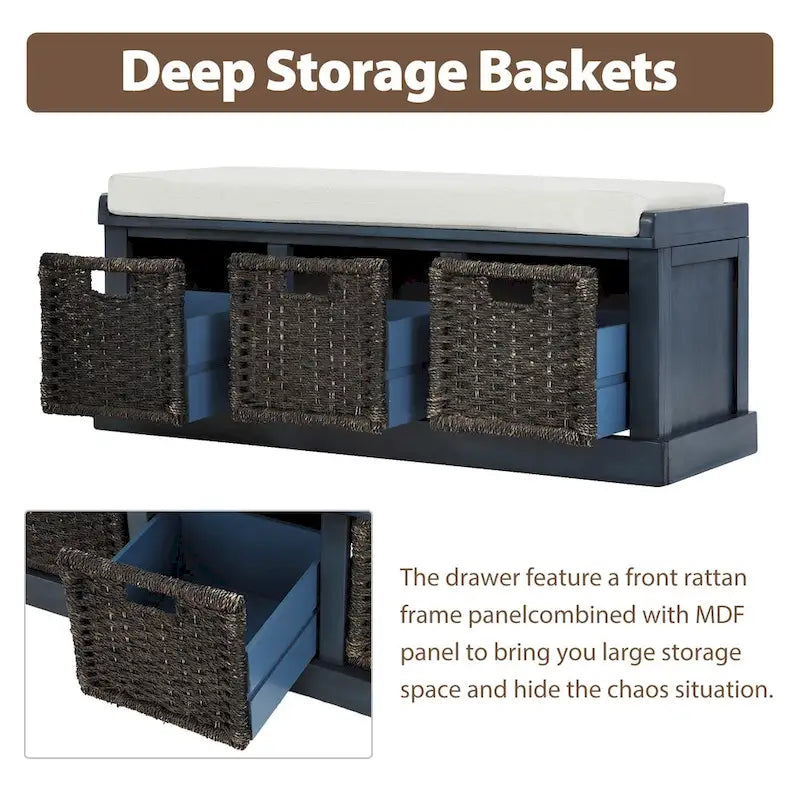 Rustic Storage Bench with 3 Rattan Baskets and Cushion