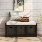 Rustic Storage Bench with 3 Rattan Baskets and Cushion