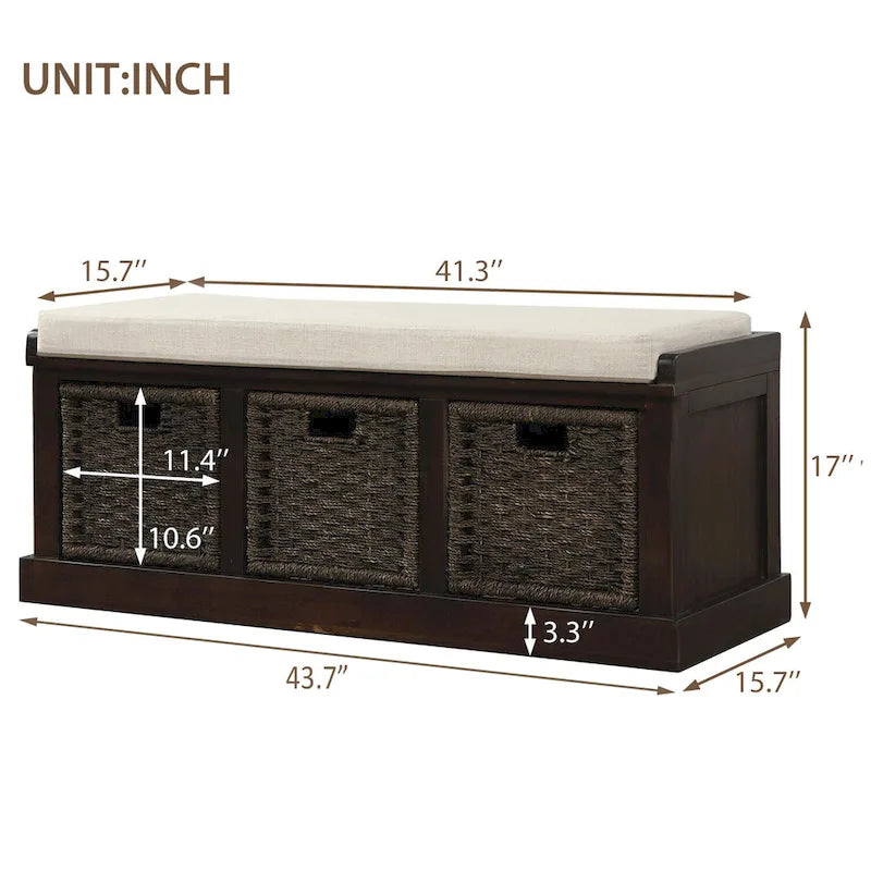 Rustic Storage Bench with 3 Rattan Baskets and Cushion