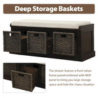 Rustic Storage Bench with 3 Rattan Baskets and Cushion