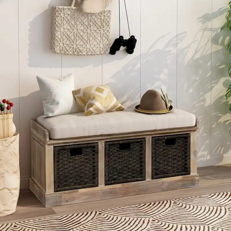 Rustic Storage Bench with 3 Rattan Baskets and Cushion