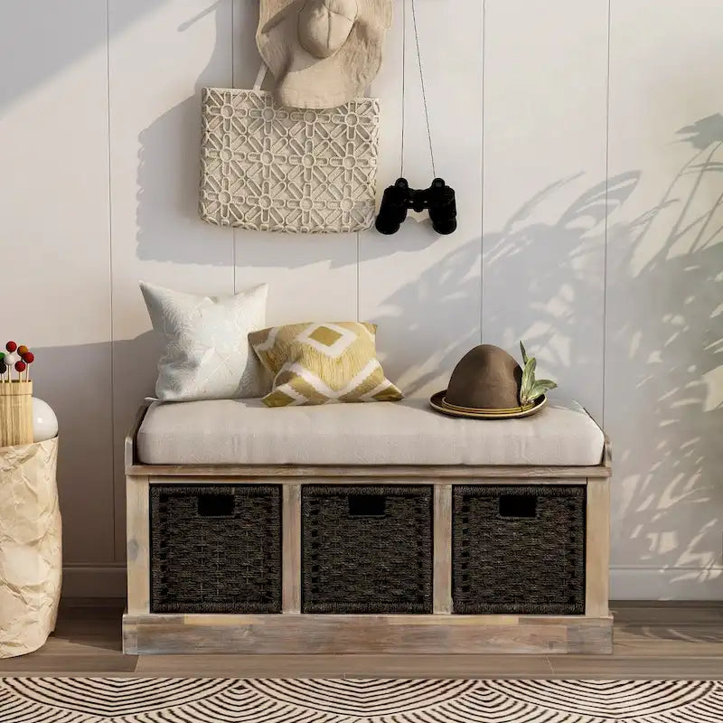 Rustic Storage Bench with 3 Rattan Baskets and Cushion