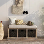 Rustic Storage Bench with 3 Rattan Baskets and Cushion