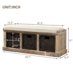 Rustic Storage Bench with 3 Rattan Baskets and Cushion