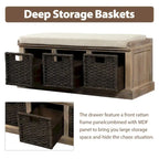 Rustic Storage Bench with 3 Rattan Baskets and Cushion