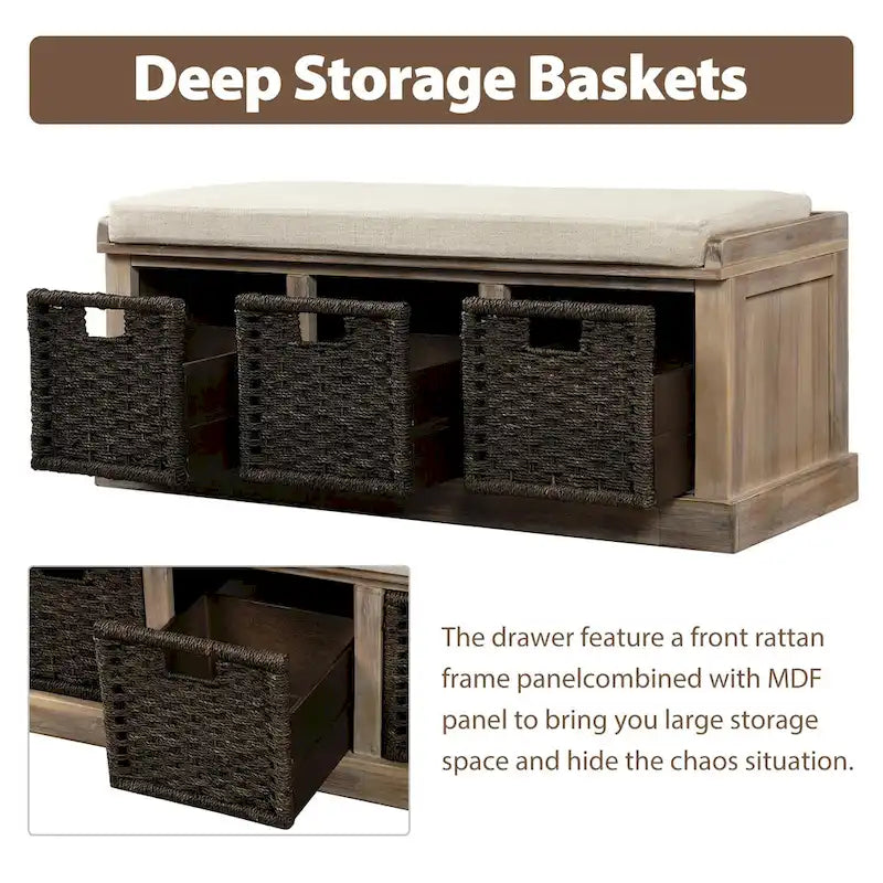 Rustic Storage Bench with 3 Rattan Baskets and Cushion