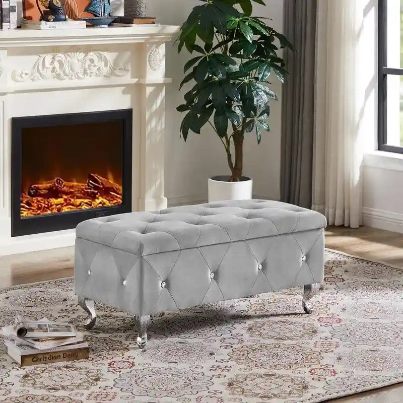 Tufted Storage Bench with Flip-Top and Metal Feet
