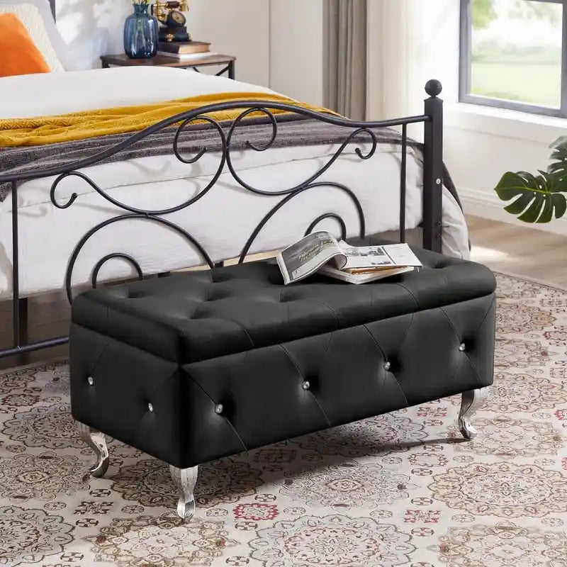 Tufted Storage Bench with Flip-Top and Metal Feet