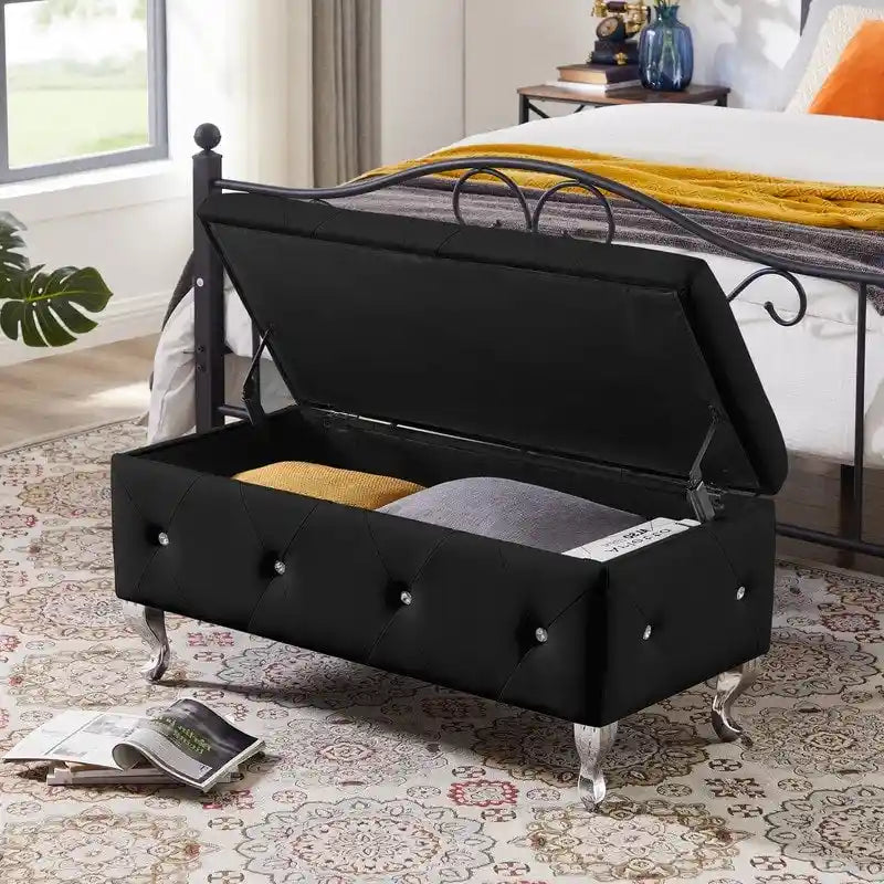 Tufted Storage Bench with Flip-Top and Metal Feet