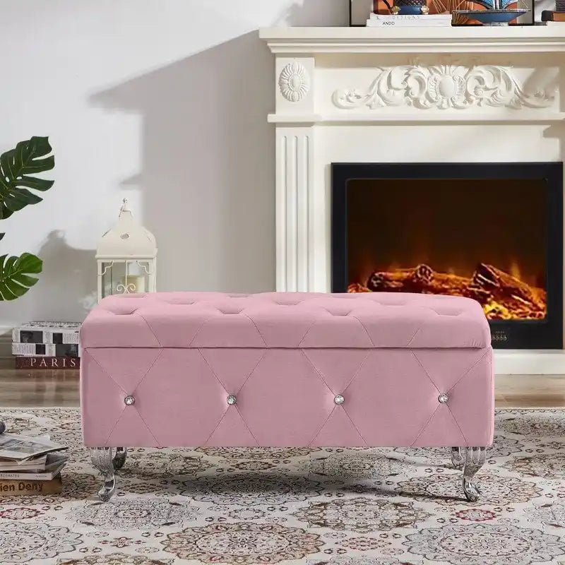 Tufted Storage Bench with Flip-Top and Metal Feet