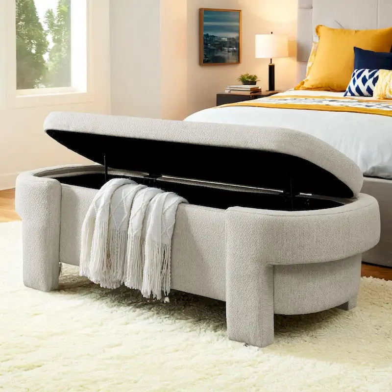 Beige Linen Upholstered Storage Bench with Turned Legs