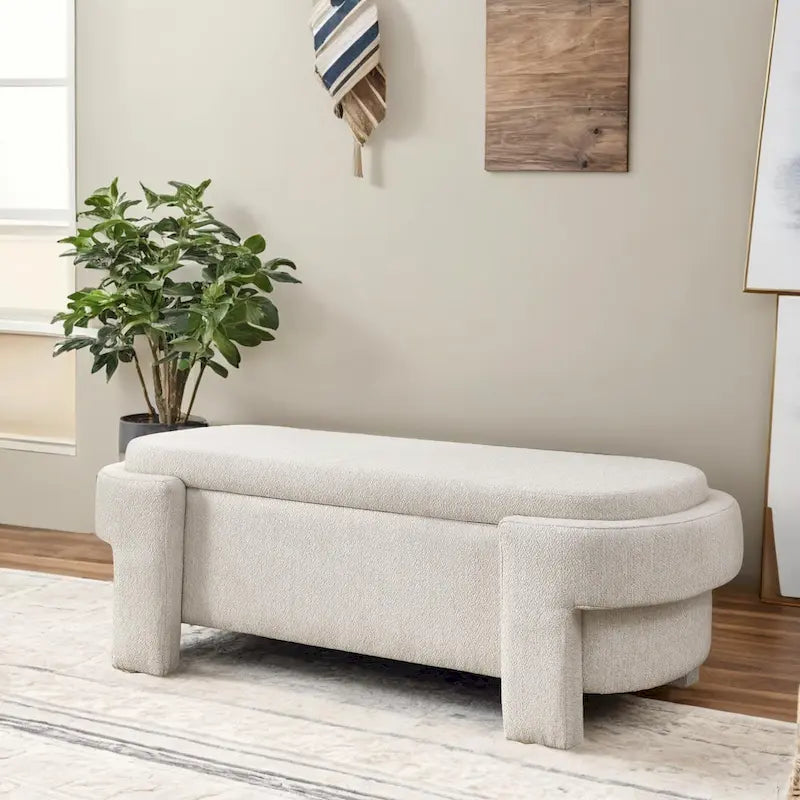 Beige Linen Upholstered Storage Bench with Turned Legs