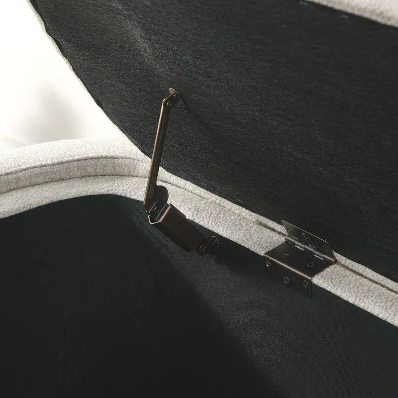 Beige Linen Upholstered Storage Bench with Turned Legs