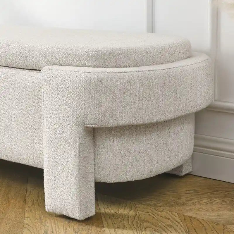 Beige Linen Upholstered Storage Bench with Turned Legs