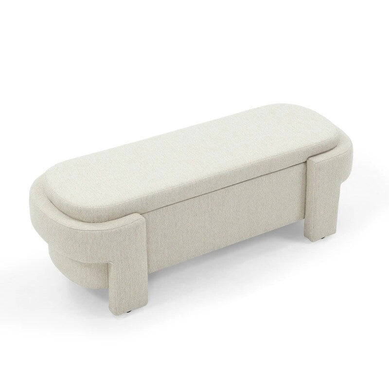 Beige Linen Upholstered Storage Bench with Turned Legs