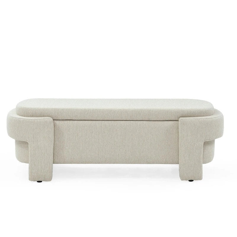 Beige Linen Upholstered Storage Bench with Turned Legs