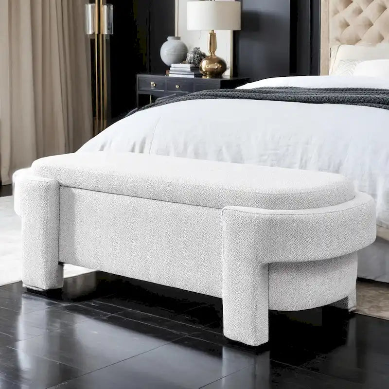 Beige Linen Upholstered Storage Bench with Turned Legs