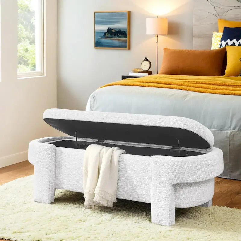 Beige Linen Upholstered Storage Bench with Turned Legs