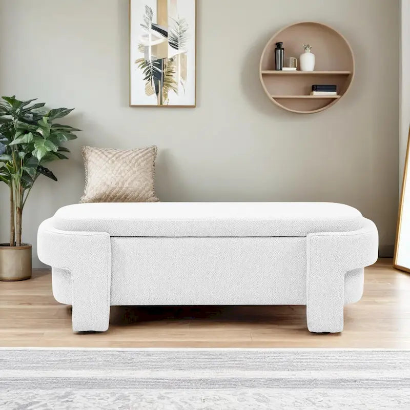 Beige Linen Upholstered Storage Bench with Turned Legs